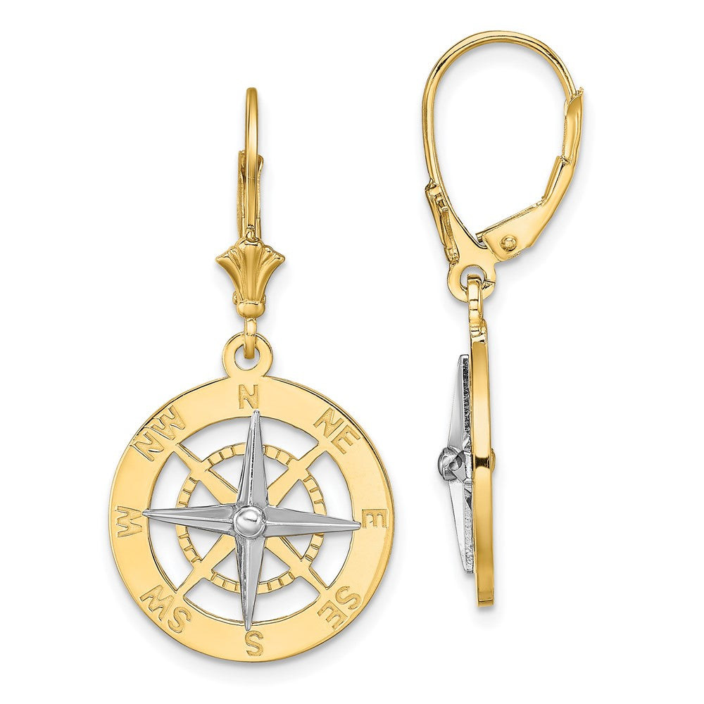 14K Two-Tone W/ Rhodium Nautical Compass Leverback Earrings
