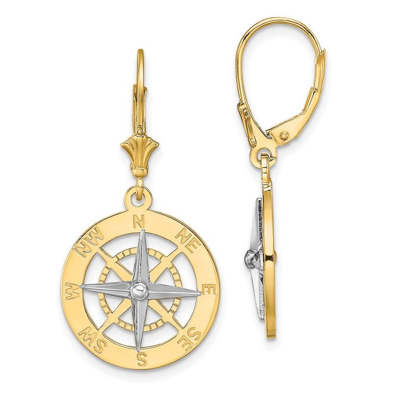 14K Two-Tone W/ Rhodium Nautical Compass Leverback Earrings