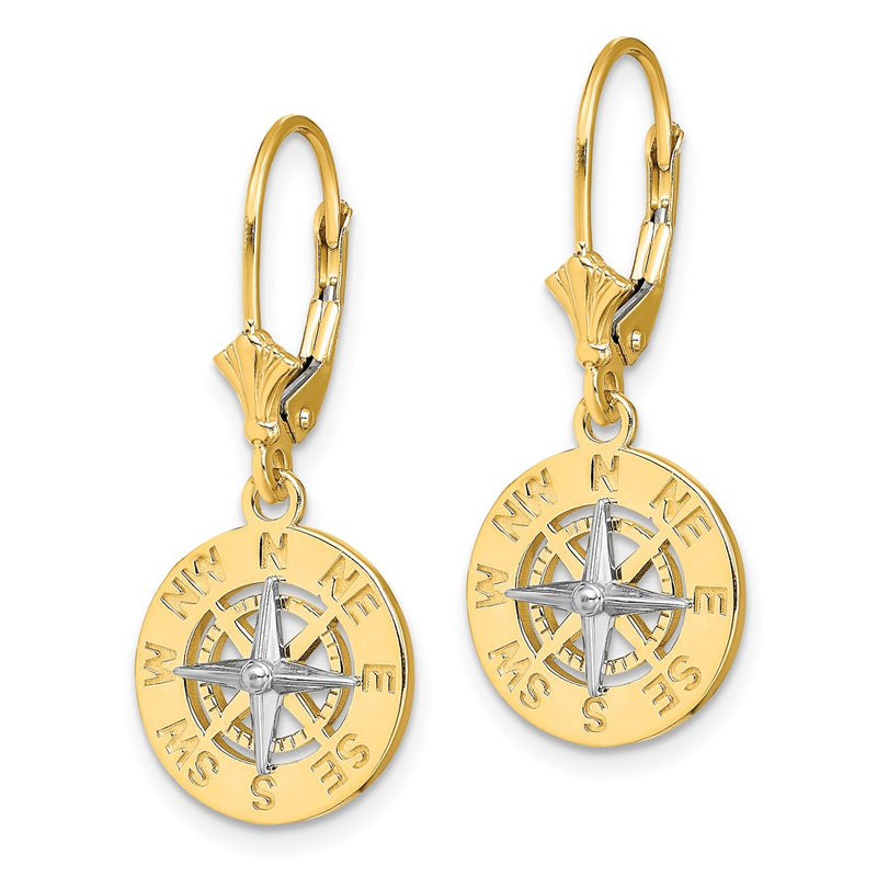 14K Two-Tone W/ Rhodium Mini Nautical Compass Leveback Earrings