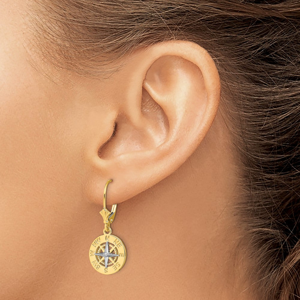 14K Two-Tone W/ Rhodium Mini Nautical Compass Leveback Earrings