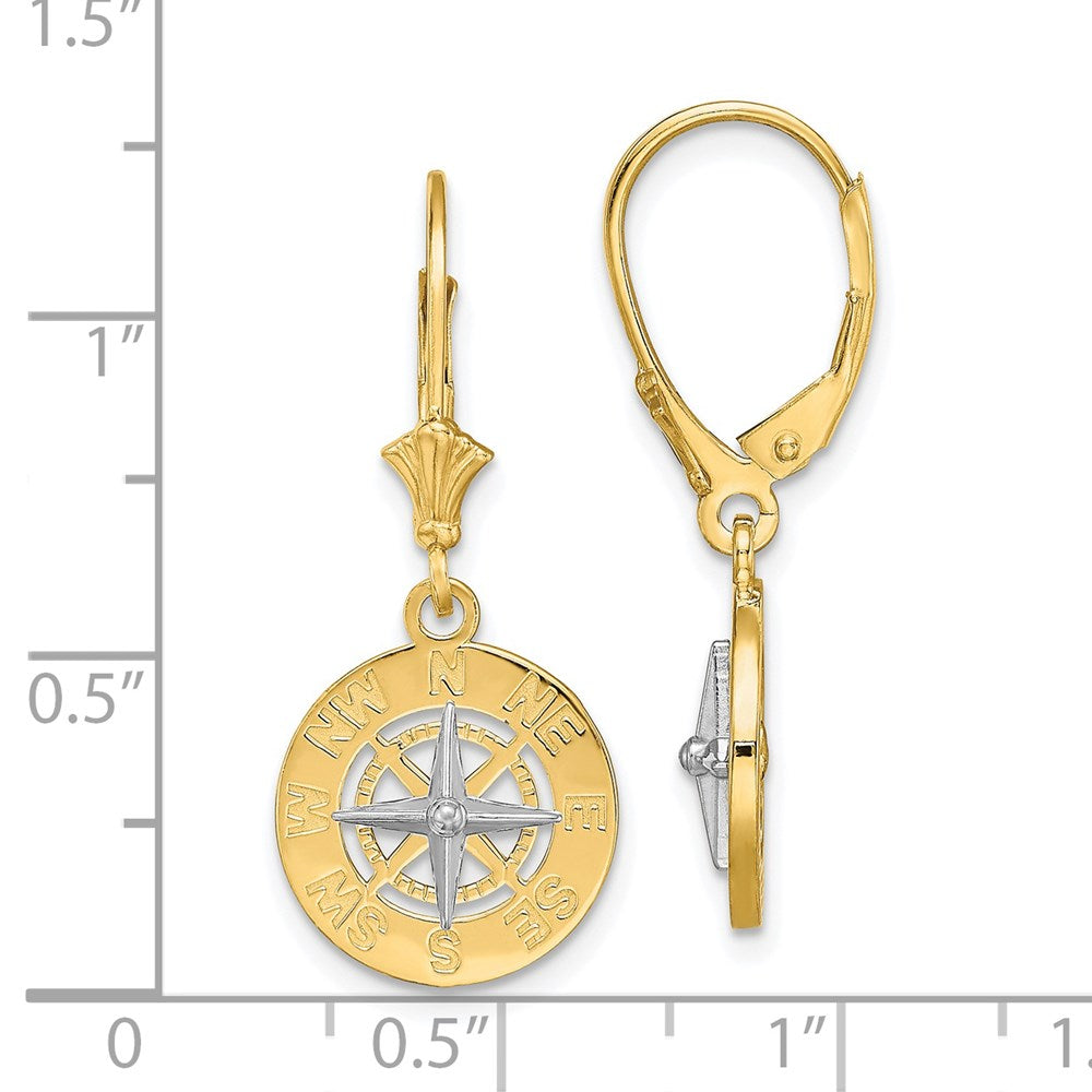14K Two-Tone W/ Rhodium Mini Nautical Compass Leveback Earrings