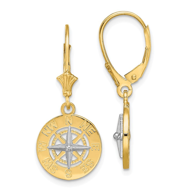 14K Two-Tone W/ Rhodium Mini Nautical Compass Leveback Earrings