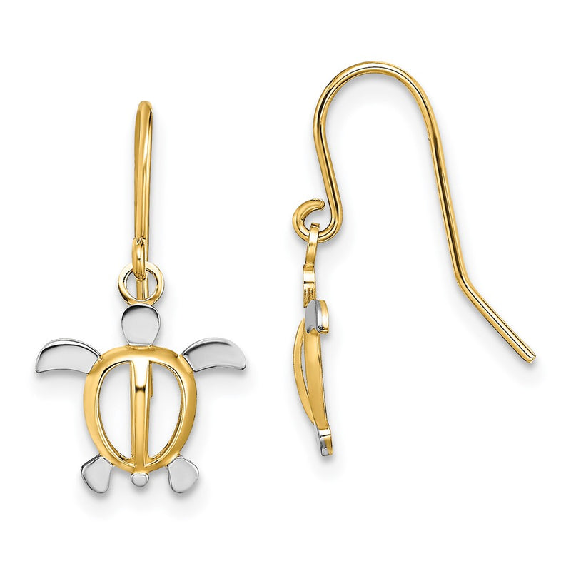 14K Yellow & Rhodium W/ Sea Turtle Dangle Earrings