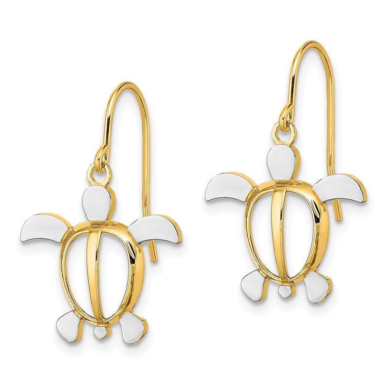 14K Yellow & Rhodium W/ Sea Turtle Dangle Earrings