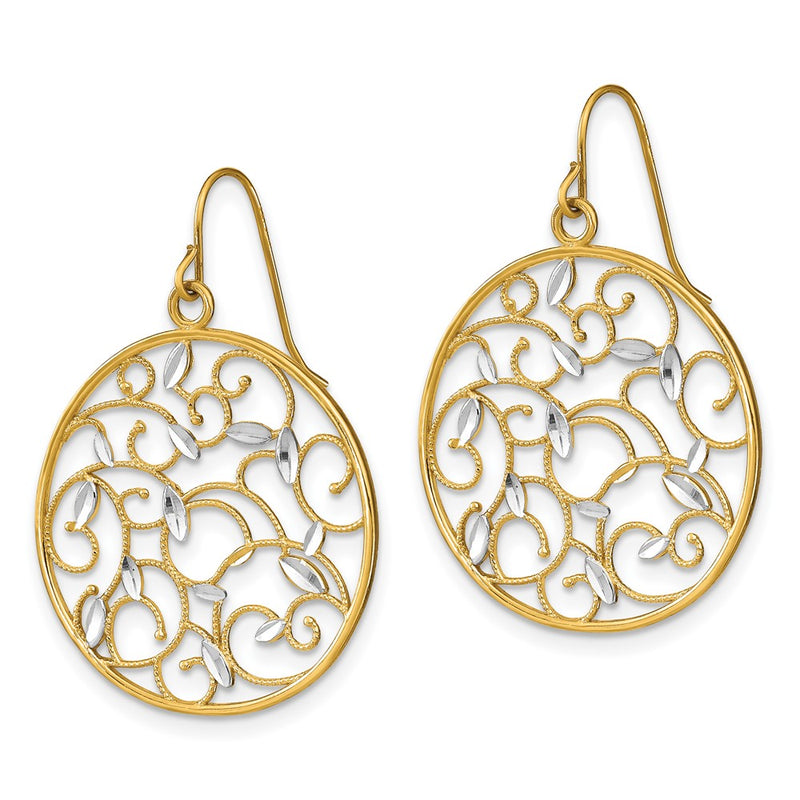 14K Yellow & Rhodium W/Rhodium Floral Filigree Medallion Wire Earrings