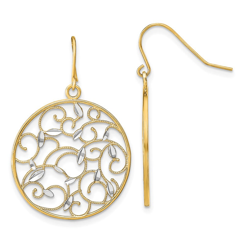 14K Yellow & Rhodium W/Rhodium Floral Filigree Medallion Wire Earrings