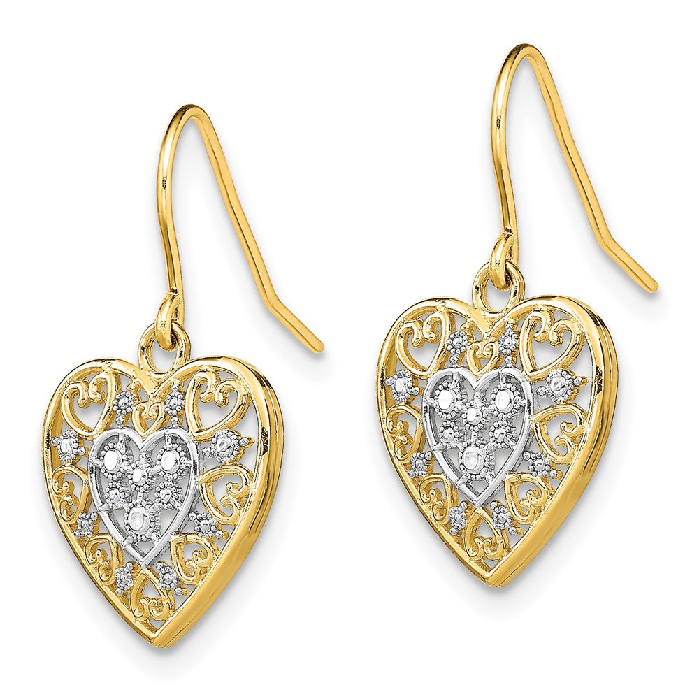 14K Yellow & Rhodium W/Rhodium Polished Filigree Hearts Shepherd Hook Earrings