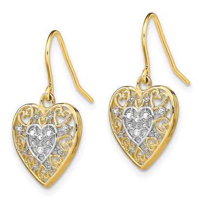 14K Yellow & Rhodium W/Rhodium Polished Filigree Hearts Shepherd Hook Earrings