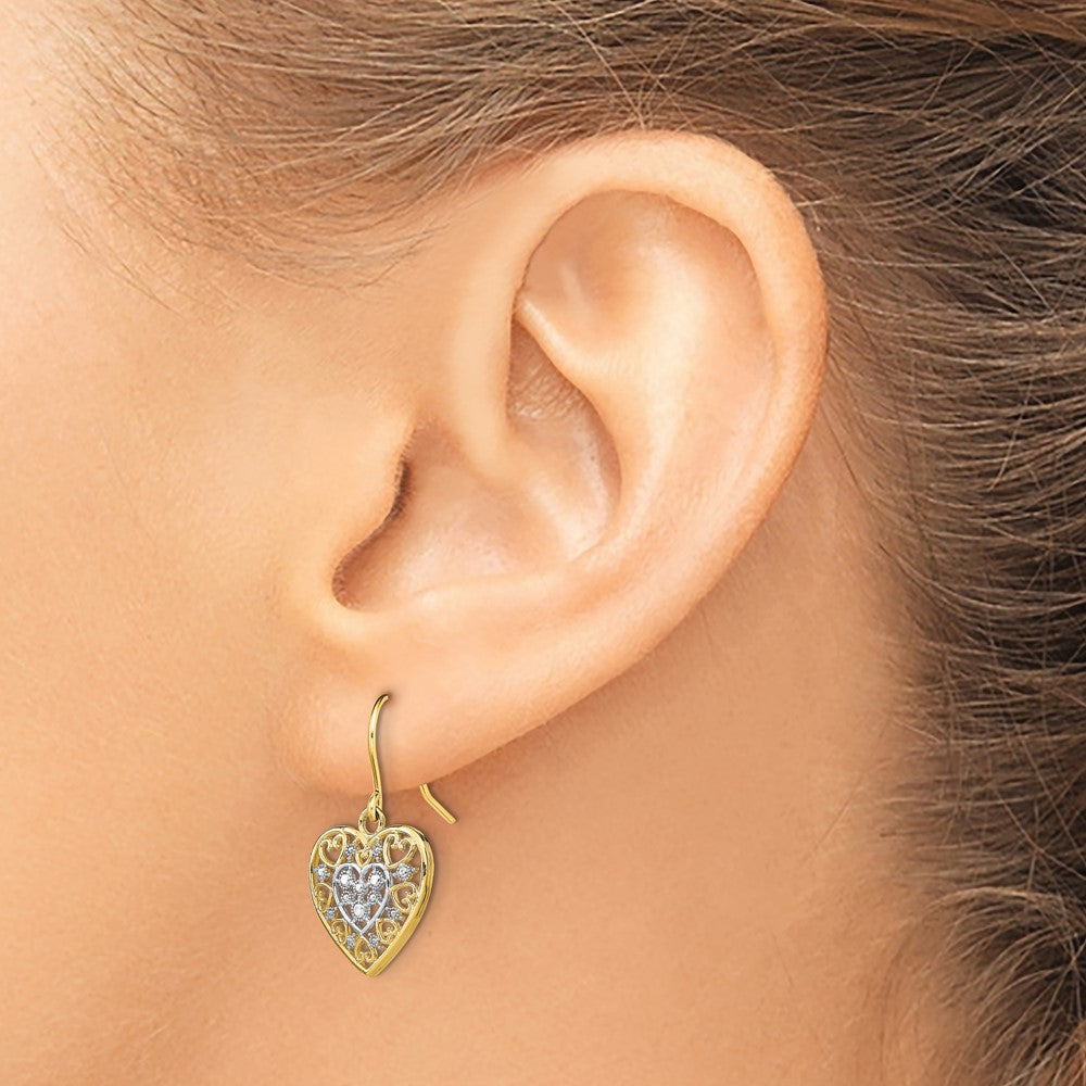 14K Yellow & Rhodium W/Rhodium Polished Filigree Hearts Shepherd Hook Earrings