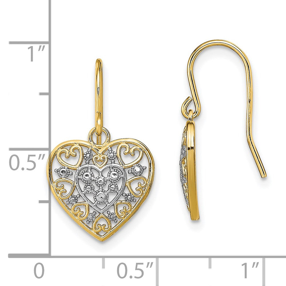 14K Yellow & Rhodium W/Rhodium Polished Filigree Hearts Shepherd Hook Earrings
