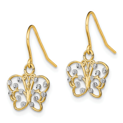 14K Yellow & Rhodium W/ D/C Butterfly Wire Earrings