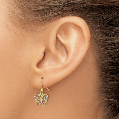 14K Yellow & Rhodium W/ D/C Butterfly Wire Earrings