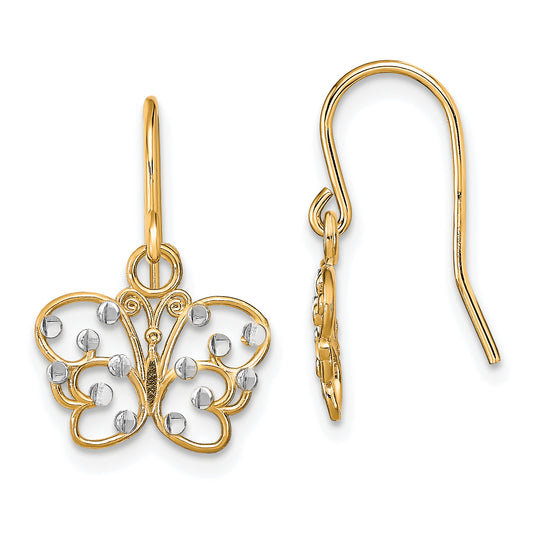 14K Yellow & Rhodium W/ D/C Butterfly Wire Earrings