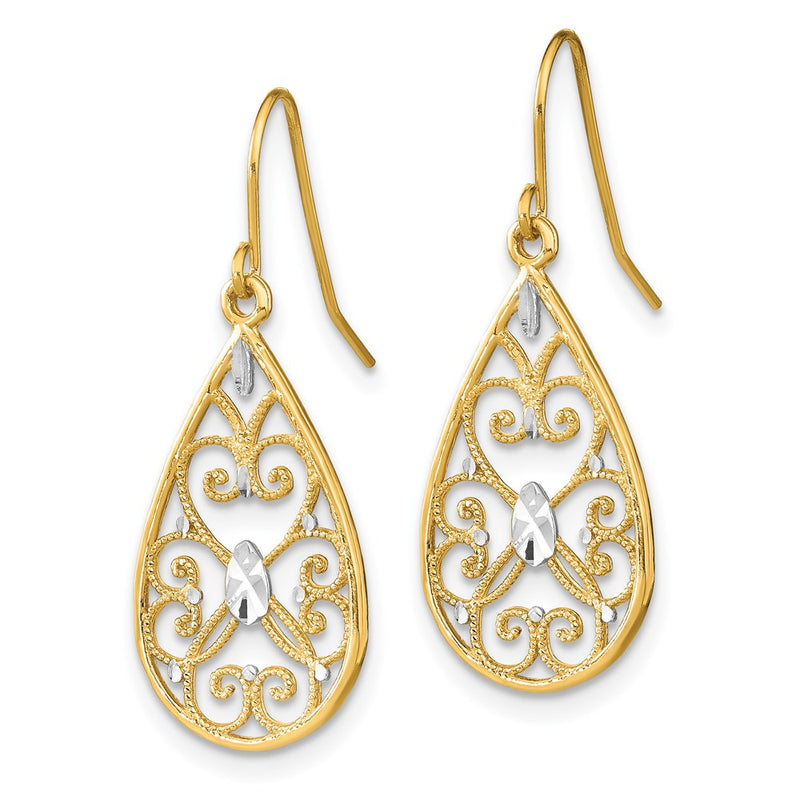 14K Yellow & Rhodium W/Rhodium D/C Fancy Dangle Wire Earrings