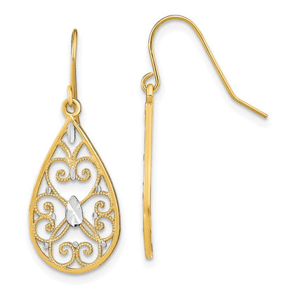 14K Yellow & Rhodium W/Rhodium D/C Fancy Dangle Wire Earrings