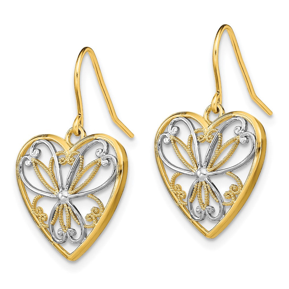 14K Yellow & Rhodium W/Rhodium Polished Filigree Heart Shepherd Hook Earrings