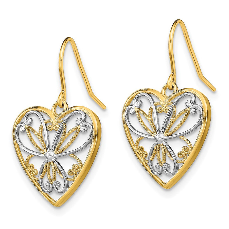 14K Yellow & Rhodium W/Rhodium Polished Filigree Heart Shepherd Hook Earrings