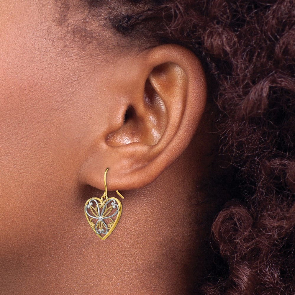 14K Yellow & Rhodium W/Rhodium Polished Filigree Heart Shepherd Hook Earrings