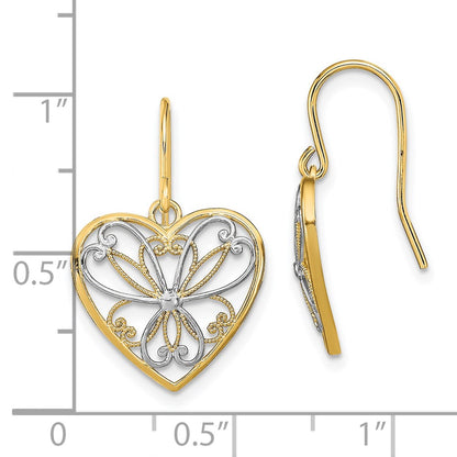 14K Yellow & Rhodium W/Rhodium Polished Filigree Heart Shepherd Hook Earrings