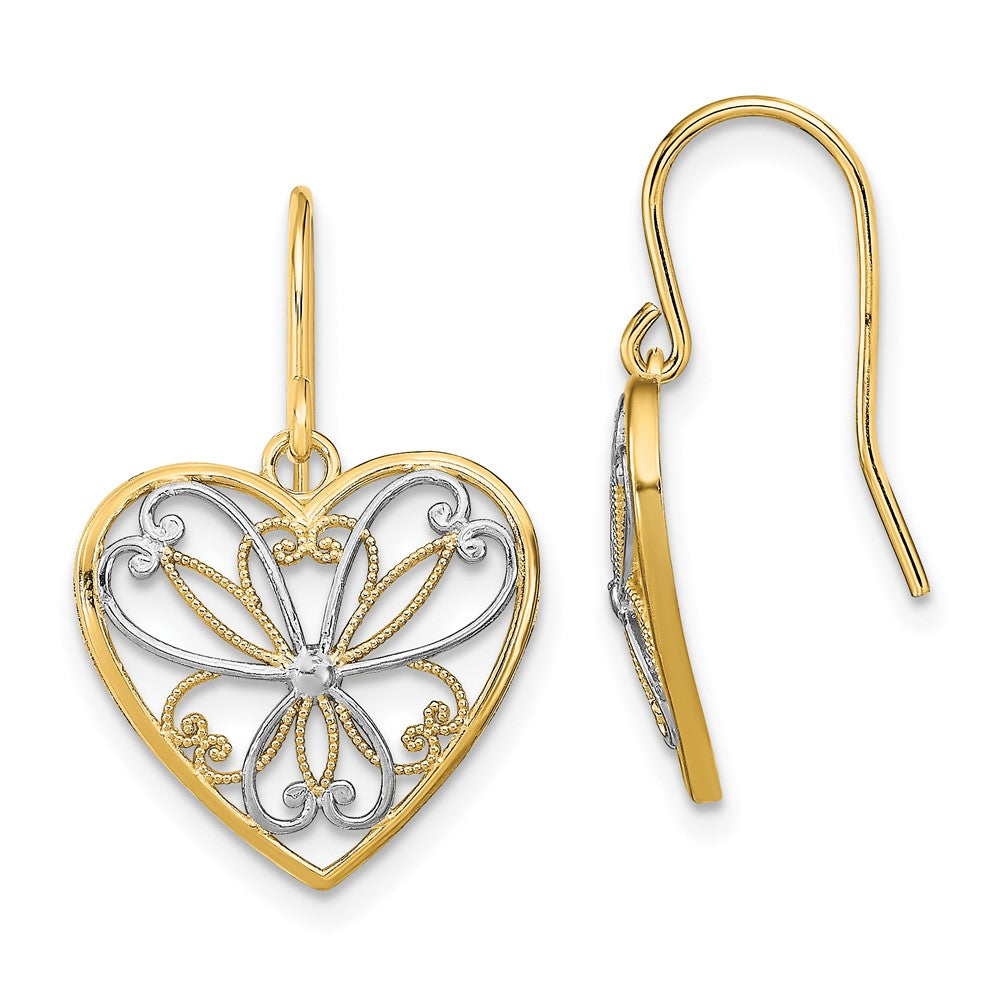 14K Yellow & Rhodium W/Rhodium Polished Filigree Heart Shepherd Hook Earrings