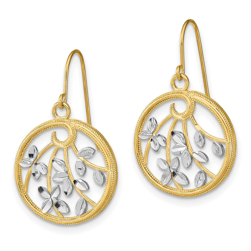 14K Yellow & Rhodium W/Rhodium D/C Leaves Round Dangle Earrings
