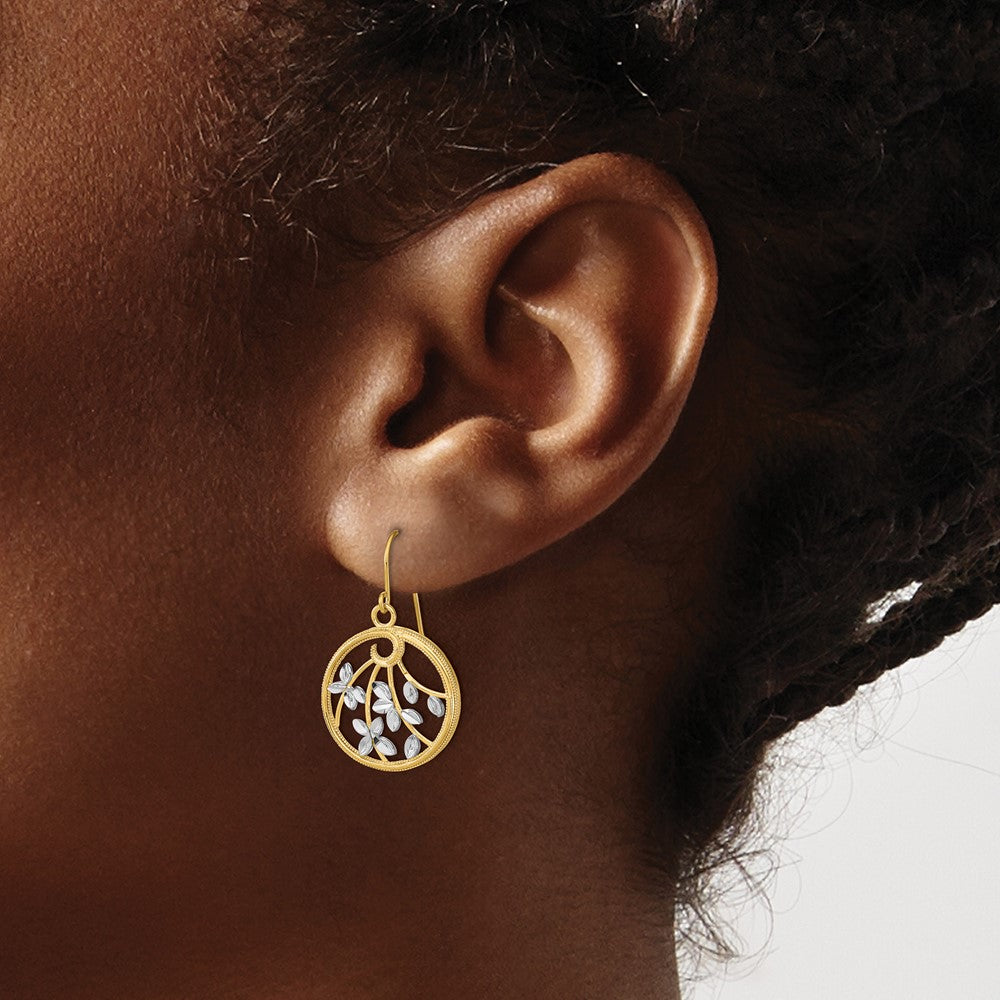 14K Yellow & Rhodium W/Rhodium D/C Leaves Round Dangle Earrings