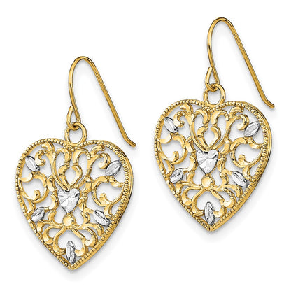 14K Yellow & Rhodium W/ Rh Filigree Cut-Out Heart Wire Earrings