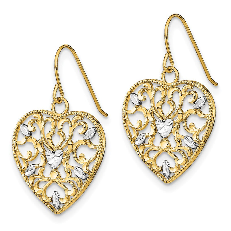 14K Yellow & Rhodium W/ Rh Filigree Cut-Out Heart Wire Earrings