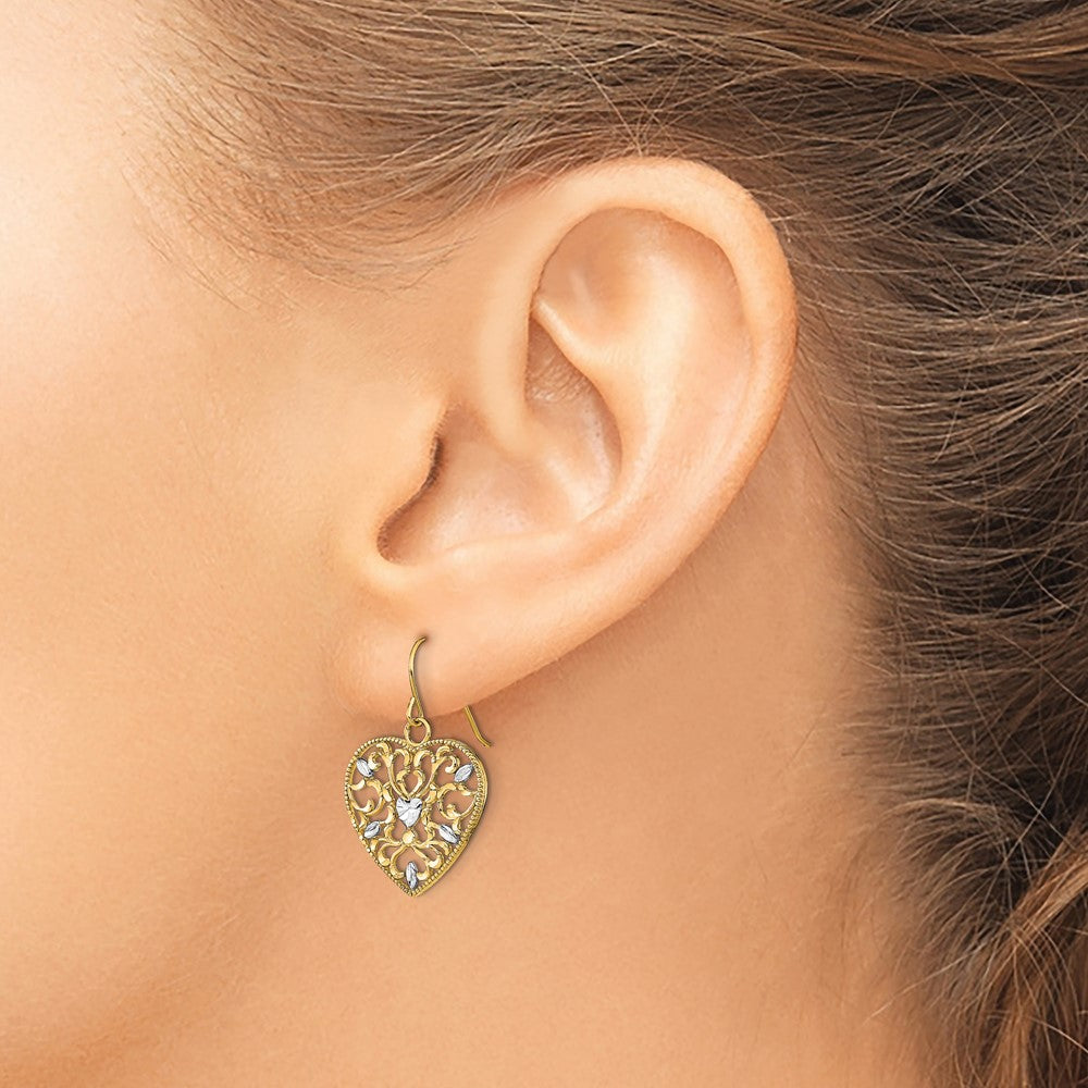 14K Yellow & Rhodium W/ Rh Filigree Cut-Out Heart Wire Earrings