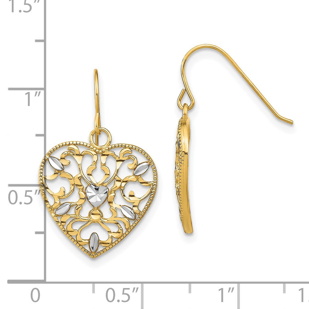 14K Yellow & Rhodium W/ Rh Filigree Cut-Out Heart Wire Earrings