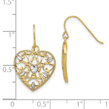 14K Yellow & Rhodium W/ Rh Filigree Cut-Out Heart Wire Earrings
