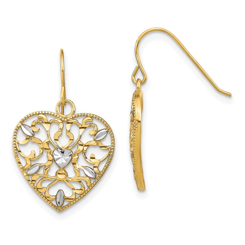 14K Yellow & Rhodium W/ Rh Filigree Cut-Out Heart Wire Earrings