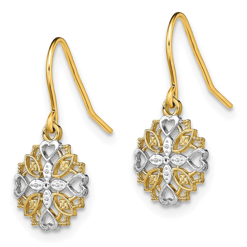 14K Yellow & Rhodium And Fancy Dangle Wire Earrings