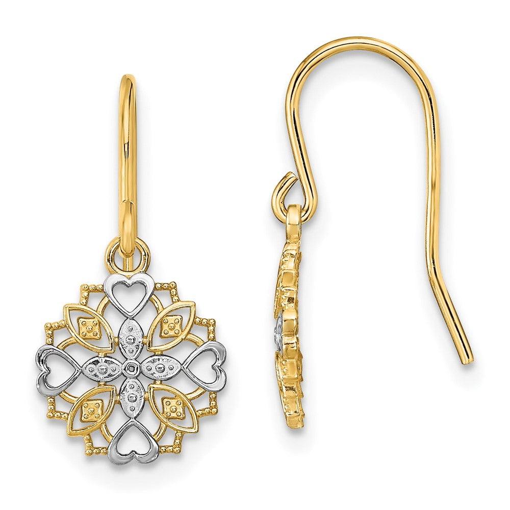 14K Yellow & Rhodium And Fancy Dangle Wire Earrings