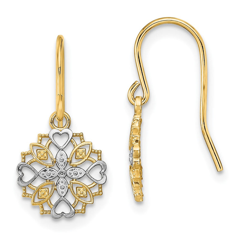 14K Yellow & Rhodium And Fancy Dangle Wire Earrings