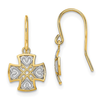 14K Yellow & Rhodium And Fancy Dangle Wire Earrings