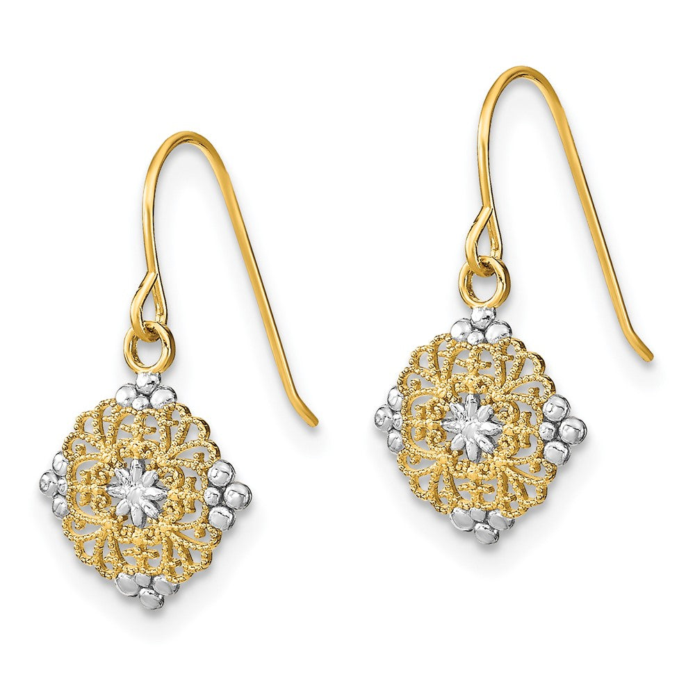 14K Yellow & Rhodium W/Rhodium D/C Center Mini Filigree Medallion Earrings