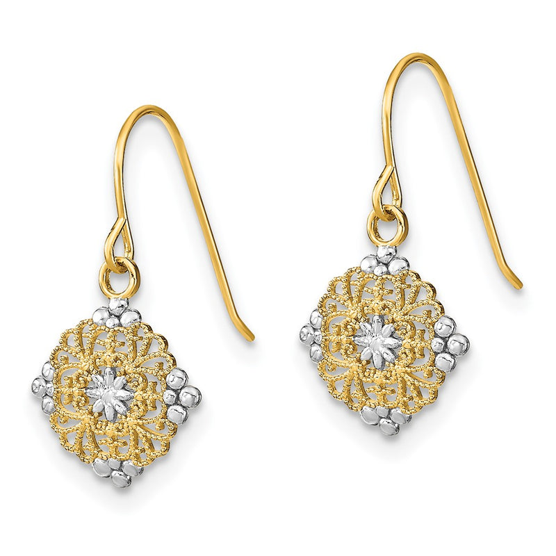 14K Yellow & Rhodium W/Rhodium D/C Center Mini Filigree Medallion Earrings