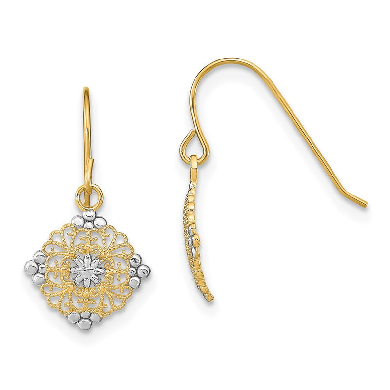 14K Yellow & Rhodium W/Rhodium D/C Center Mini Filigree Medallion Earrings