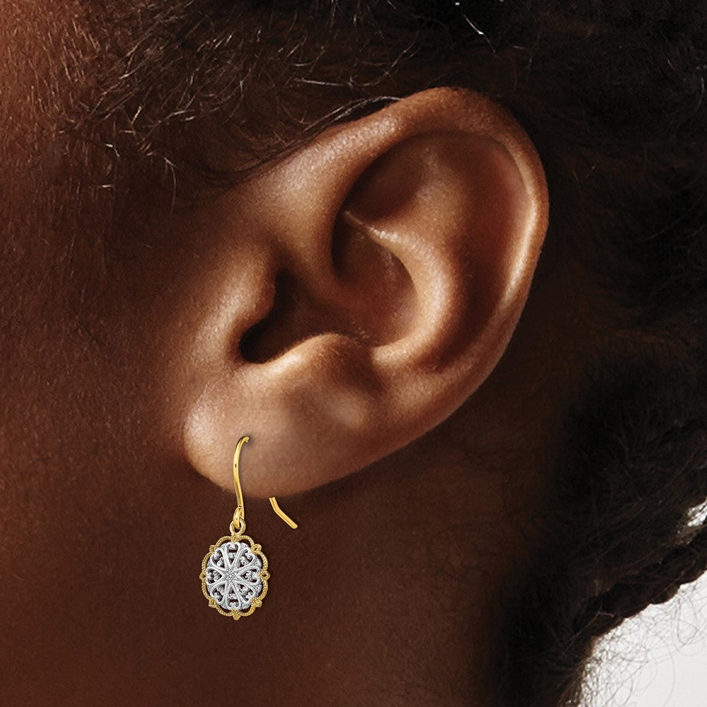 14K Yellow & Rhodium And Fancy Dangle Wire Earrings