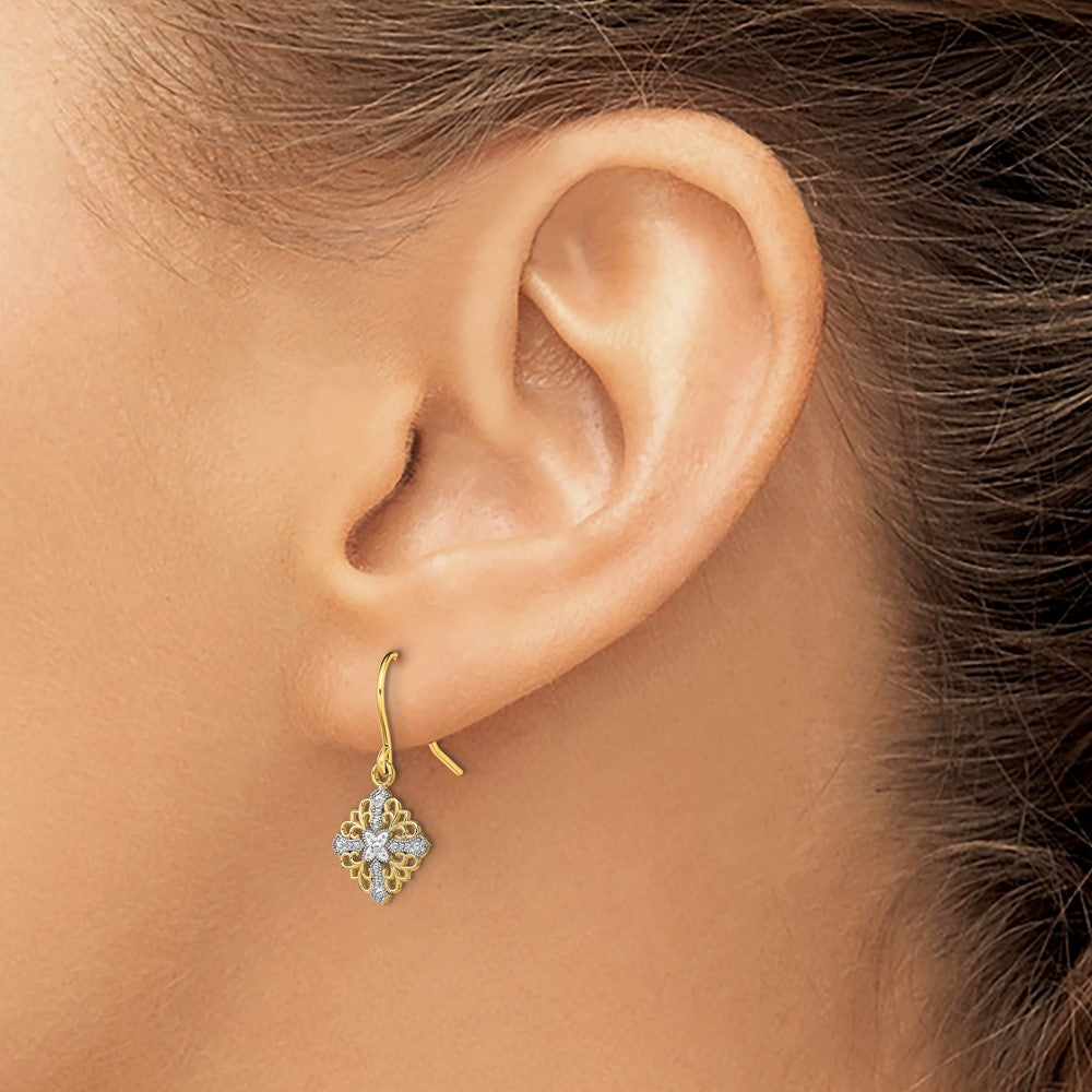 14K Yellow & Rhodium W/Rhodium Fancy Filigree Dangle Wire Earrings