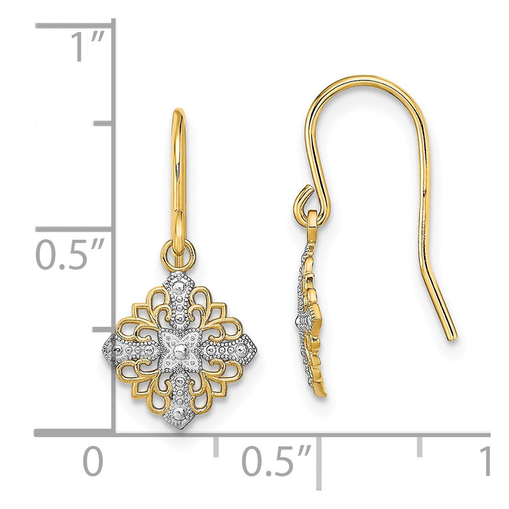 14K Yellow & Rhodium W/Rhodium Fancy Filigree Dangle Wire Earrings