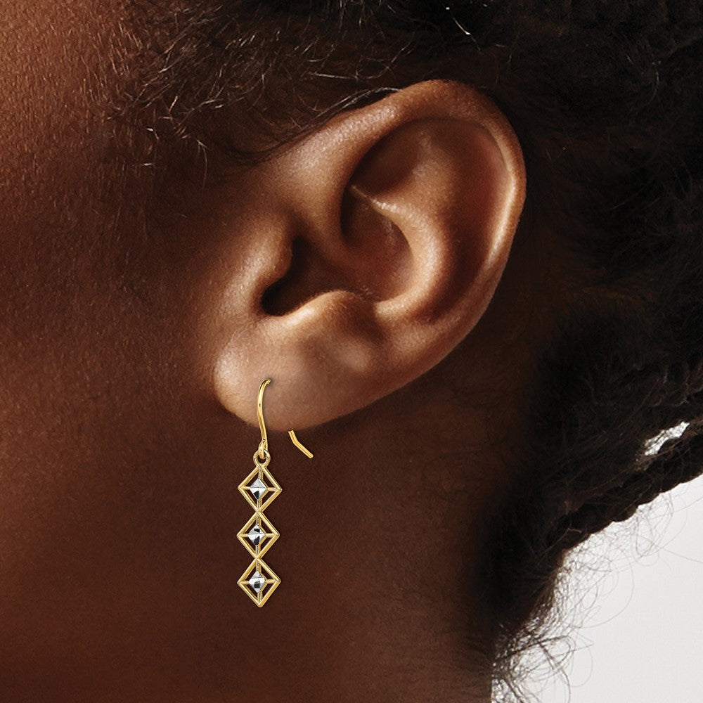 14K Yellow & Rhodium W/Rhodium Fancy Diamond-Cut Dangle Wire Earrings