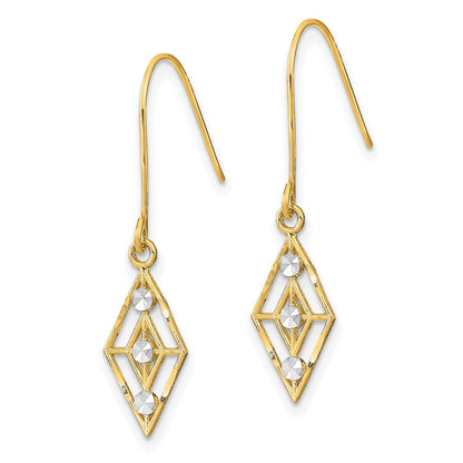 14K Yellow & Rhodium W/Rhodium Diamond-Cut Small Diamond Shape Wire Earrings