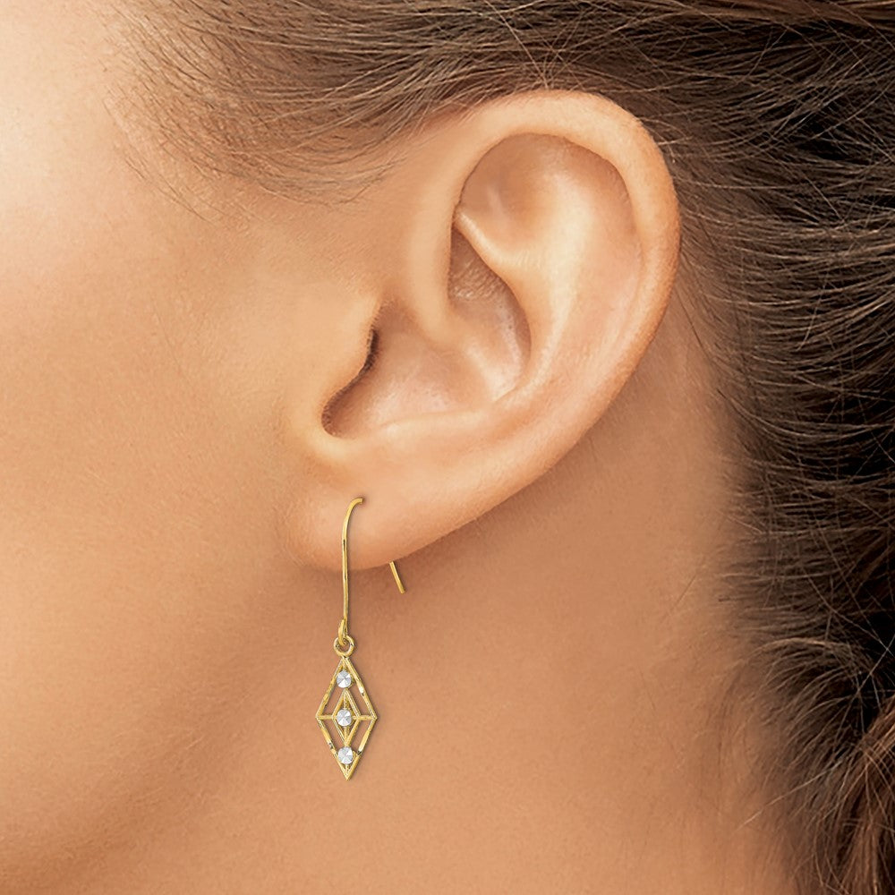 14K Yellow & Rhodium W/Rhodium Diamond-Cut Small Diamond Shape Wire Earrings