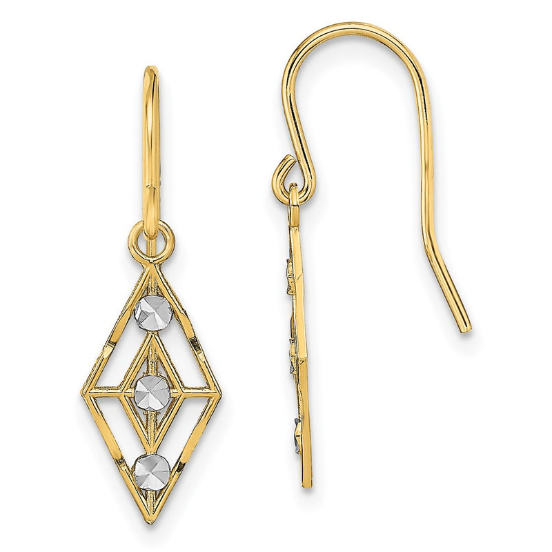 14K Yellow & Rhodium W/Rhodium Diamond-Cut Small Diamond Shape Wire Earrings