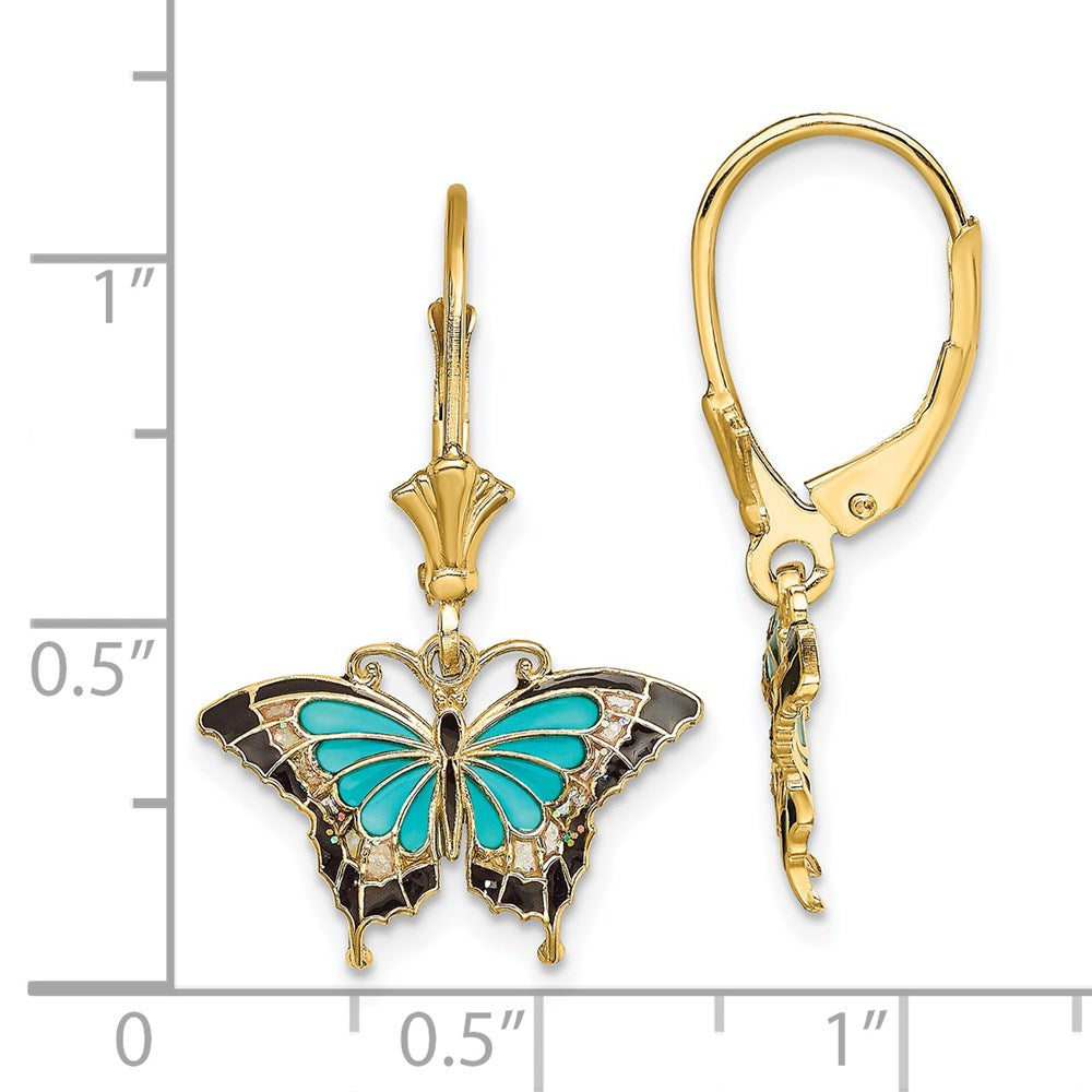 14K Yellow Gold W/Aqua Enameled Wings Butterfly Leverback Earrings
