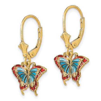 14K Yellow Gold W/Blue And Red Enameled Wings Butterfly Leverback Earrings