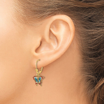 14K Yellow Gold W/Blue And Red Enameled Wings Butterfly Leverback Earrings
