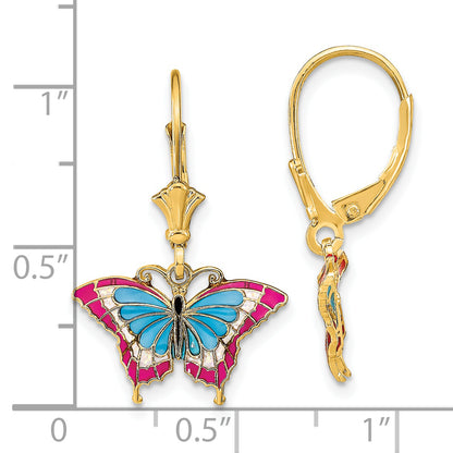 14K Yellow Gold W/Blue And Red Enameled Wings Butterfly Leverback Earrings